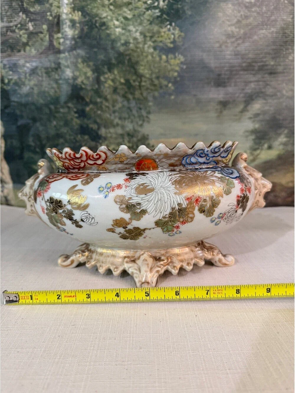Antique Decorative Footed Porcelain Bowl with Floral and Gold Accents